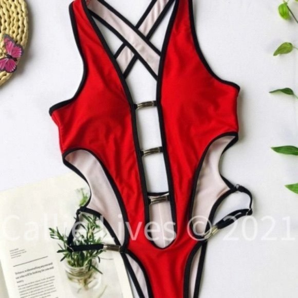 Xena Red Future: Metal Buckle Monokini Swimsuit LARGE - Picture 14 of 15